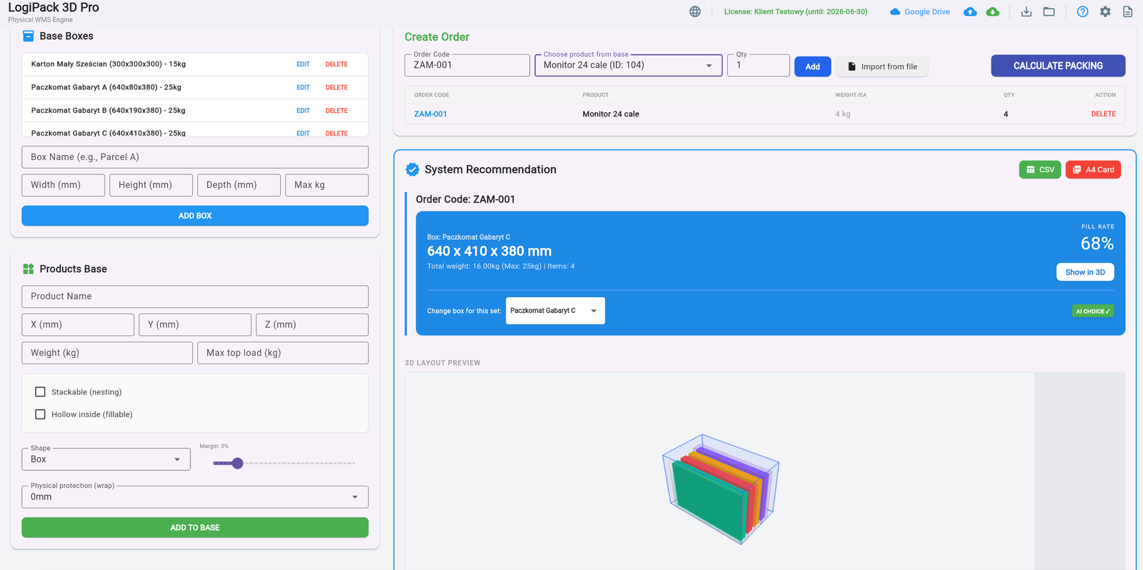 Logipack interface showing 3D box packing optimization